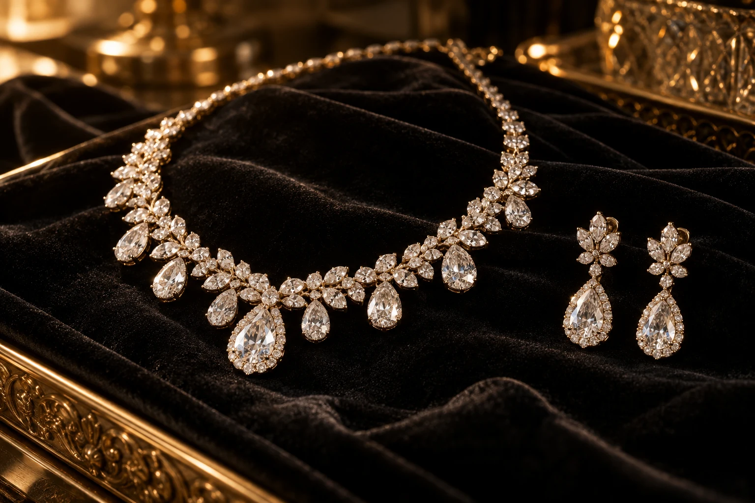 Joias com diamantes sobre veludo escuro, imagem ilustrativa