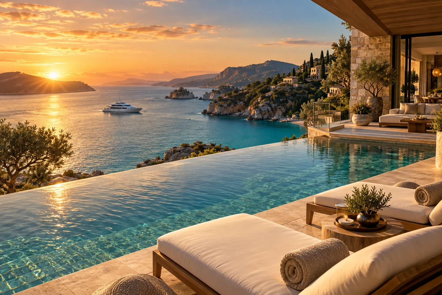 Piscina de resort de luxo com vista para o mar e um iate, imagem ilustrativa